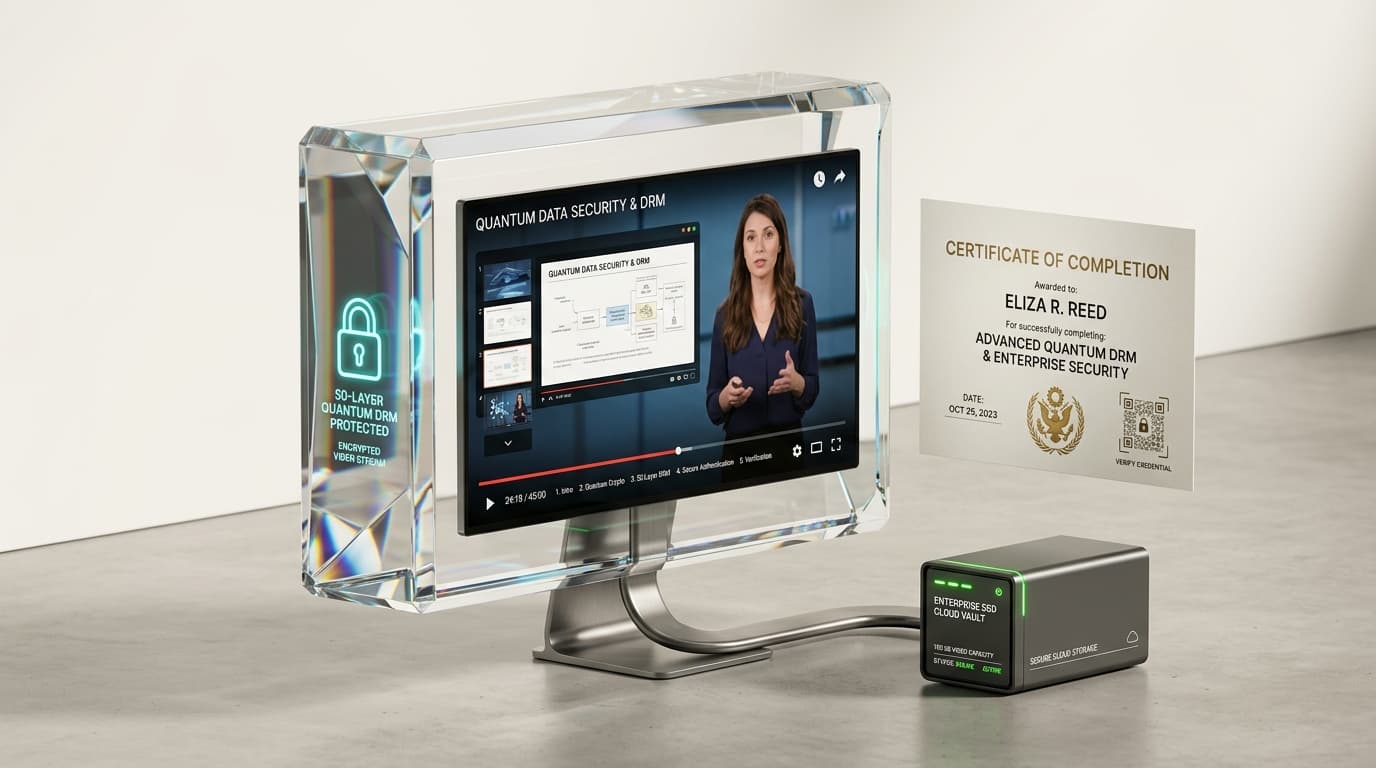 CoachX 3D video curriculum studio with 50-layer DRM protection and verifiable certificates